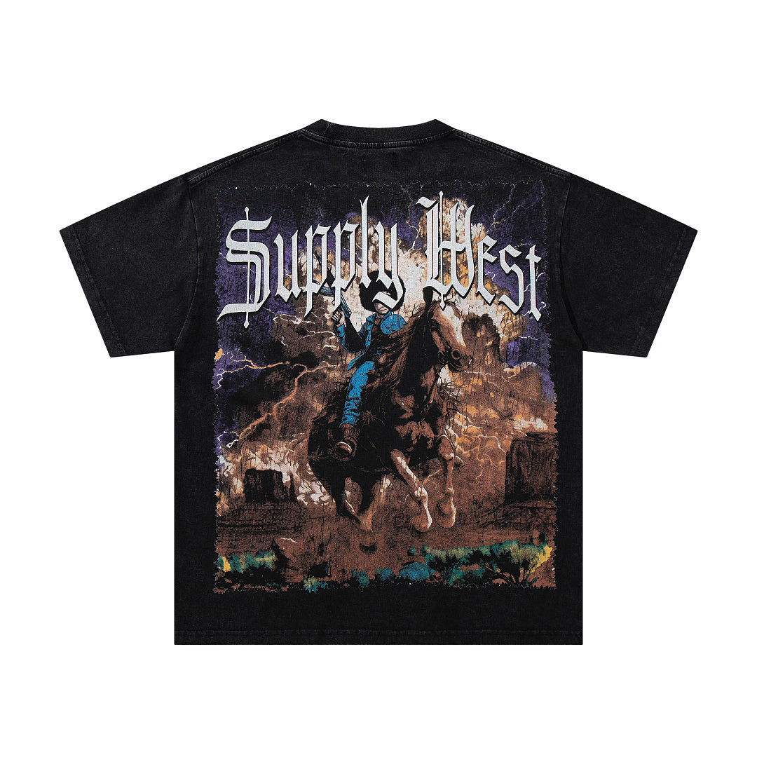 Vintage Cowboy Warrior Black Vintage‑Washed Double‑Sided Graphic Print Crew‑Neck Streetwear T‑Shirt