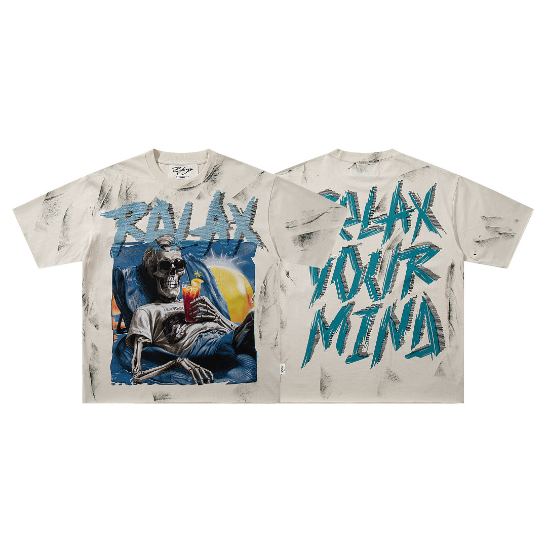 Relax Your Mind Skeleton Double‑Sided Graphic Print Crew Neck Streetwear T‑Shirt