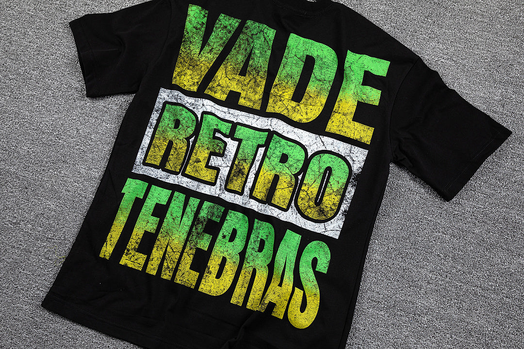 Glazagod Green‑Yellow "VADE RETRO TENEBRAS" Double‑Sided Graphic Print Crew Neck Streetwear T‑Shirt