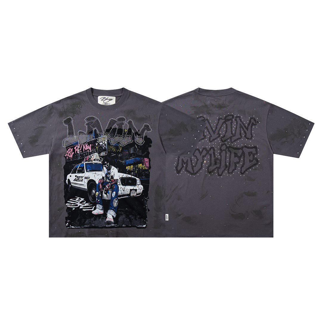 Livin My Life Grey‑Washed Car Hip‑Hop Double‑Sided Graphic Print Crew Neck Streetwear T‑Shirt