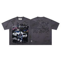 Livin My Life Grey‑Washed Car Hip‑Hop Double‑Sided Graphic Print Crew Neck Streetwear T‑Shirt