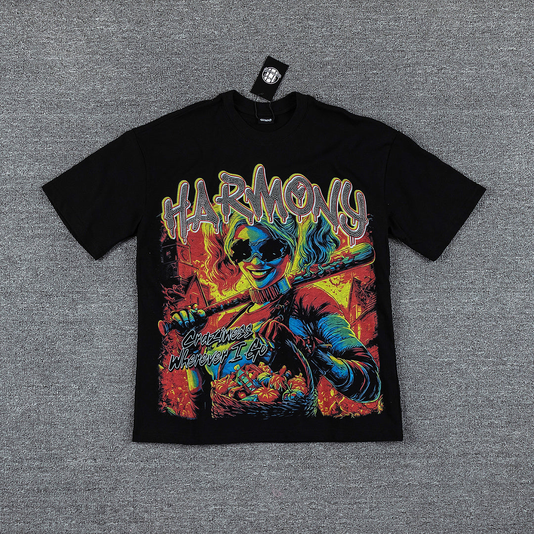 HVM Harmony Multicolor Chaos Figure Black Double‑Sided Graphic Print Crew Neck Streetwear T‑Shirt