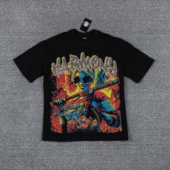 HVM Harmony Multicolor Chaos Figure Black Double‑Sided Graphic Print Crew Neck Streetwear T‑Shirt