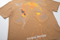 Fire Globe Brown Vintage‑Washed Double‑Sided Graphic Print Crew‑Neck Streetwear T‑Shirt