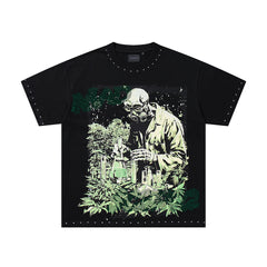 Green Skull Warrior Black Vintage‑Washed Double‑Sided Graphic Print Crew‑Neck Streetwear T‑Shirt