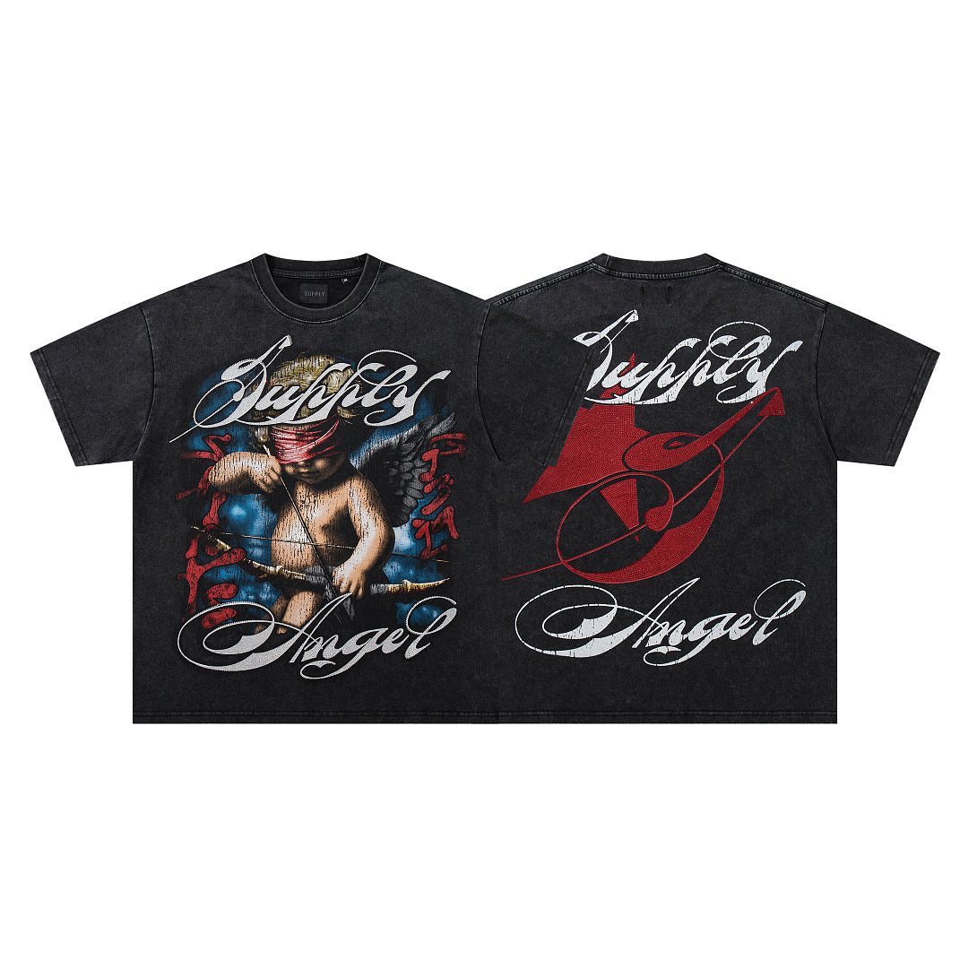 Vintage Tempted Angel Black Double‑Sided Graphic Print Crew‑Neck Streetwear T‑Shirt