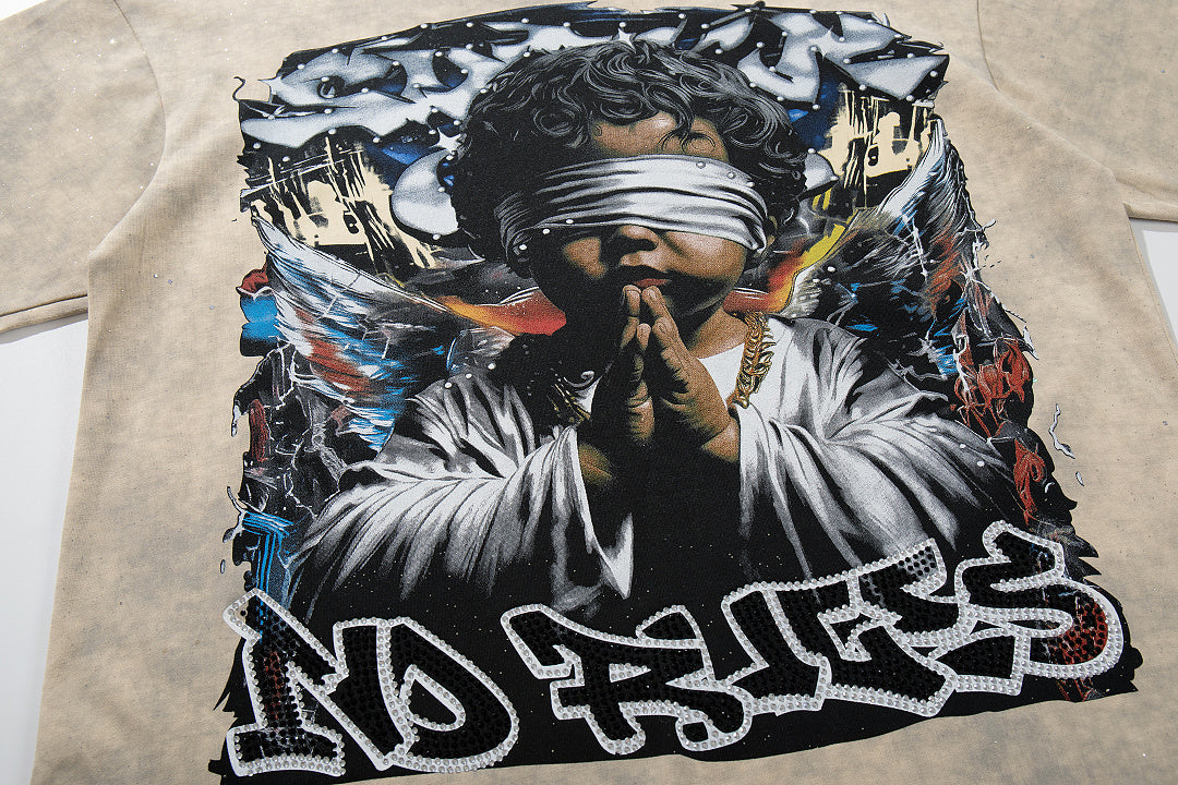 Rockstar Skull Graffiti Off‑White Washed Graphic Print Crew‑Neck Streetwear T‑Shirt