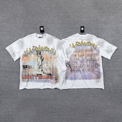 HVM Harmony Statue Portrait Tie‑Dye White Double‑Sided Graphic Print Crew Neck Streetwear T‑Shirt
