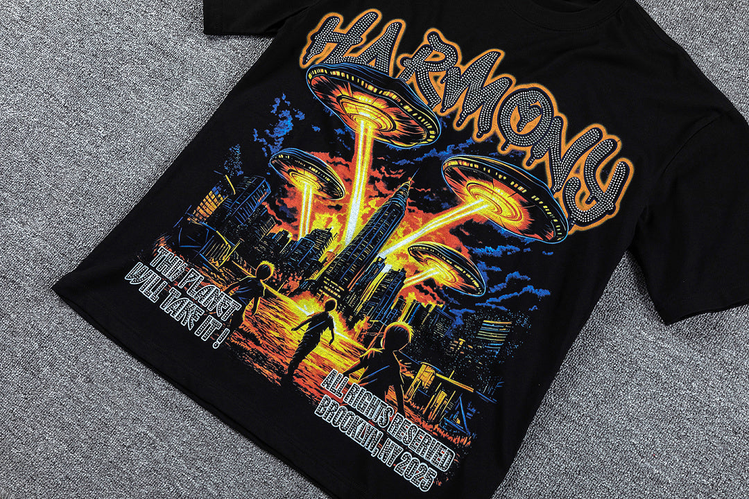 HVM Harmony Golden Flame Figure Black Double‑Sided Graphic Print Crew Neck Streetwear T‑Shirt