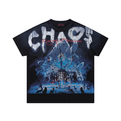 Chaos Mountain Black‑Washed Double‑Sided Graphic Print Crew‑Neck Streetwear T‑Shirt