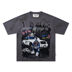 Livin My Life Grey‑Washed Car Hip‑Hop Double‑Sided Graphic Print Crew Neck Streetwear T‑Shirt