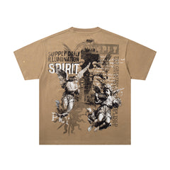 Spirit Angel Khaki Vintage‑Washed Double‑Sided Graphic Print Crew‑Neck Streetwear T‑Shirt