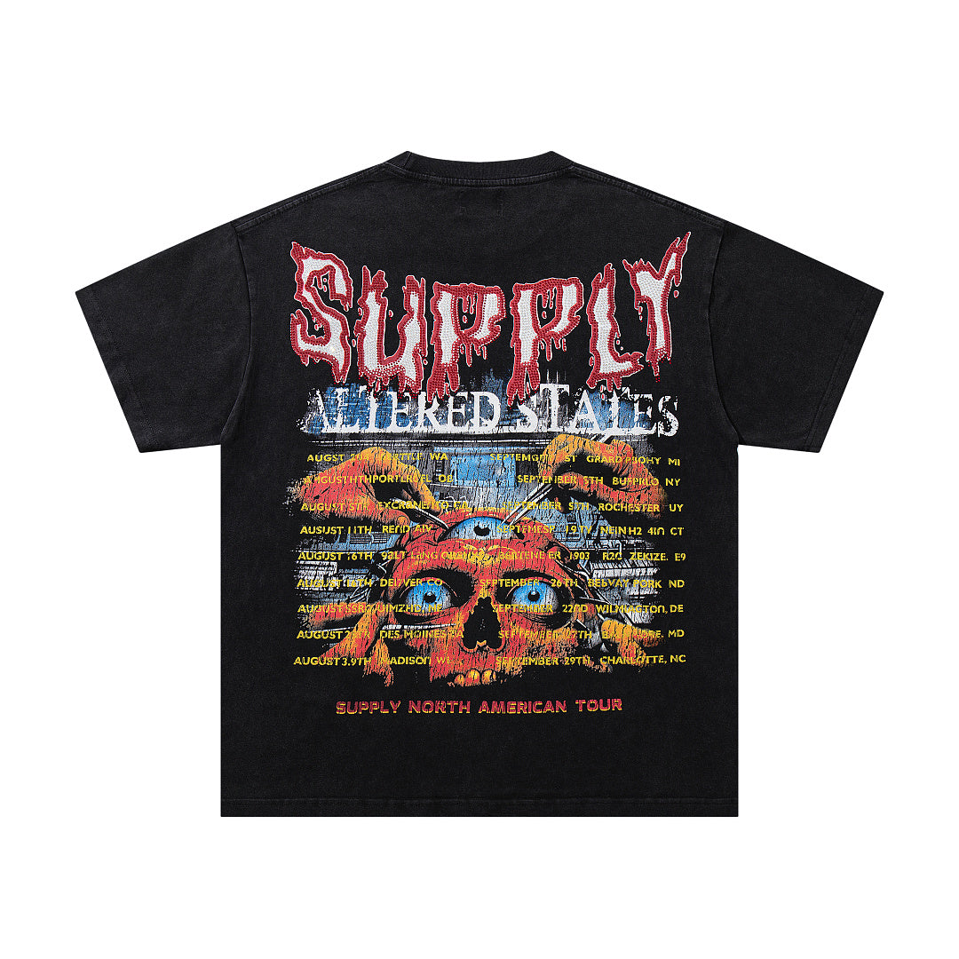 Tribal Skull Black Vintage‑Washed Double‑Sided Graphic Print Crew‑Neck Streetwear T‑Shirt