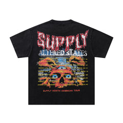 Tribal Skull Black Vintage‑Washed Double‑Sided Graphic Print Crew‑Neck Streetwear T‑Shirt
