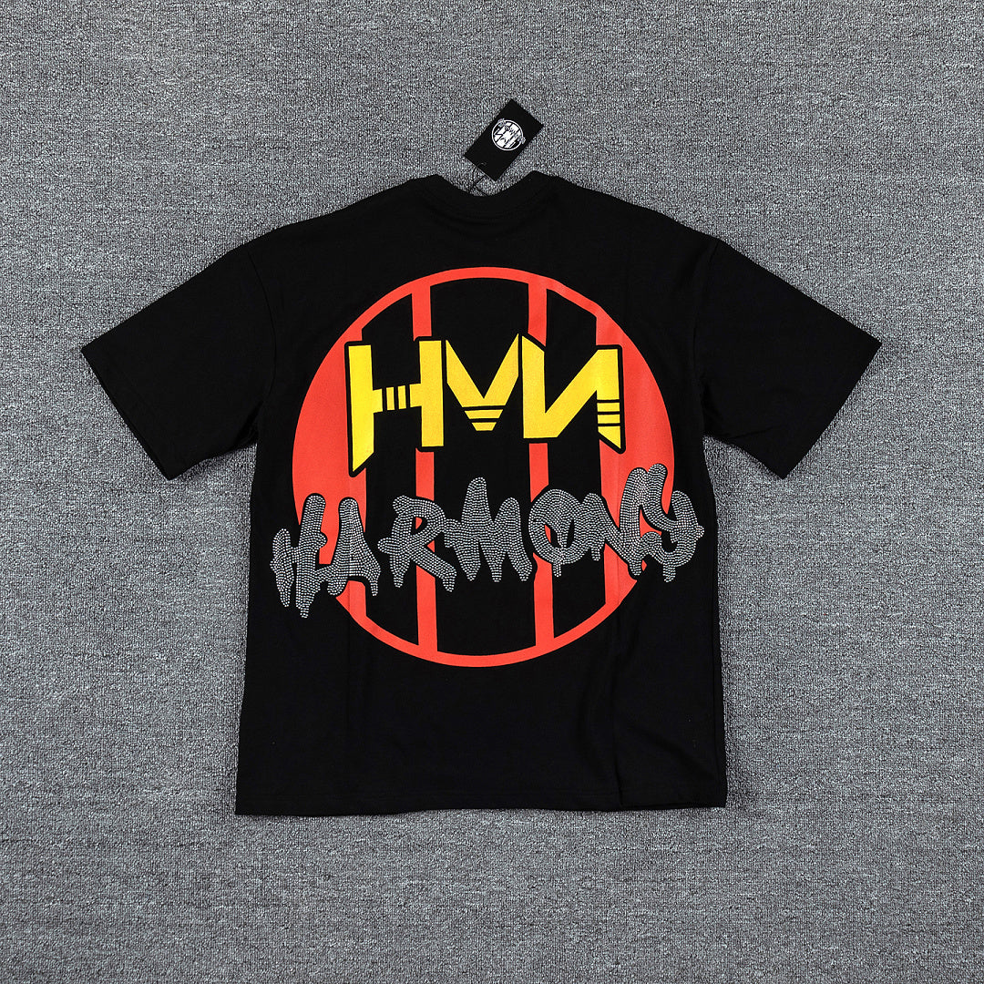HVM Harmony Multicolor Chaos Figure Black Double‑Sided Graphic Print Crew Neck Streetwear T‑Shirt