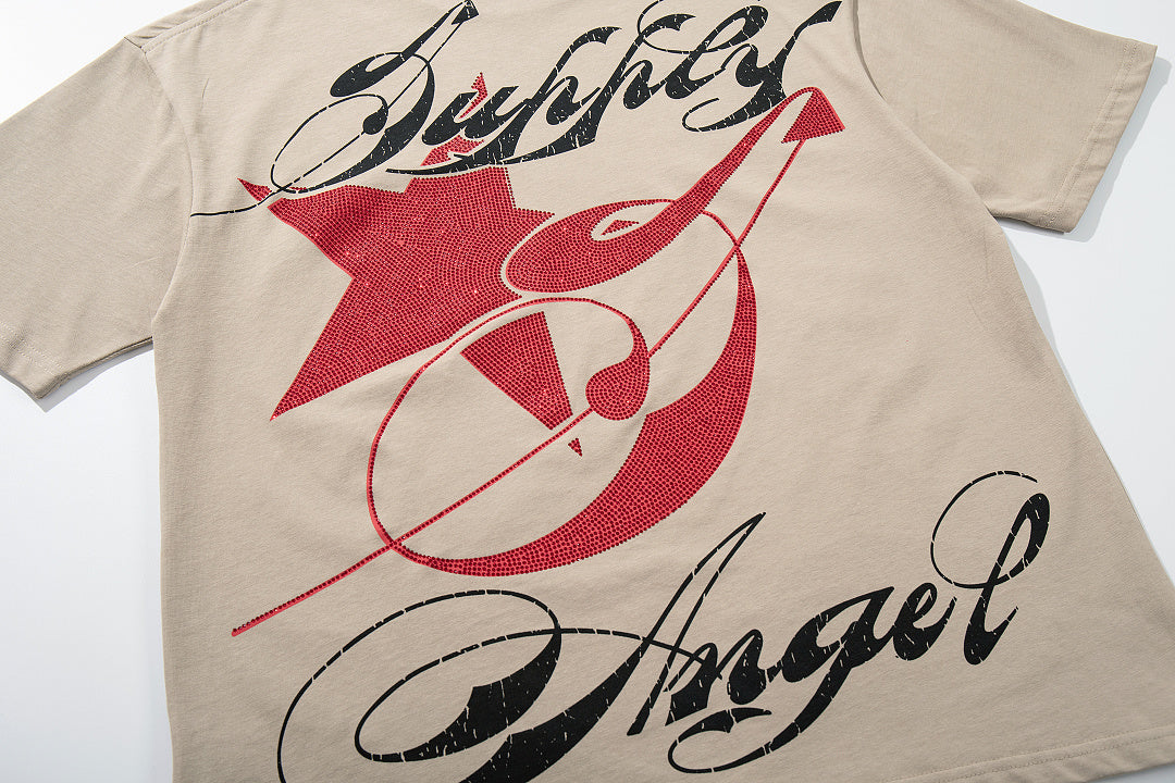 Vintage Tempted Angel Beige Vintage‑Washed Double‑Sided Graphic Print Crew‑Neck Streetwear T‑Shirt