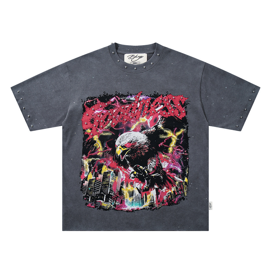 Washed Black Eagle No Mercy Double‑Sided Graphic Print Crew Neck Streetwear T‑Shirt