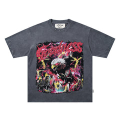 Washed Black Eagle No Mercy Double‑Sided Graphic Print Crew Neck Streetwear T‑Shirt
