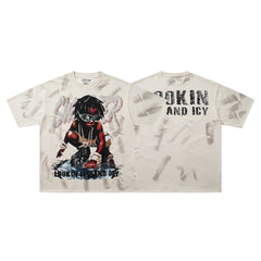 Lookin Fly And Icy Off‑White Washed Skull Hip‑Hop Double‑Sided Graphic Print Crew Neck Streetwear T‑Shirt