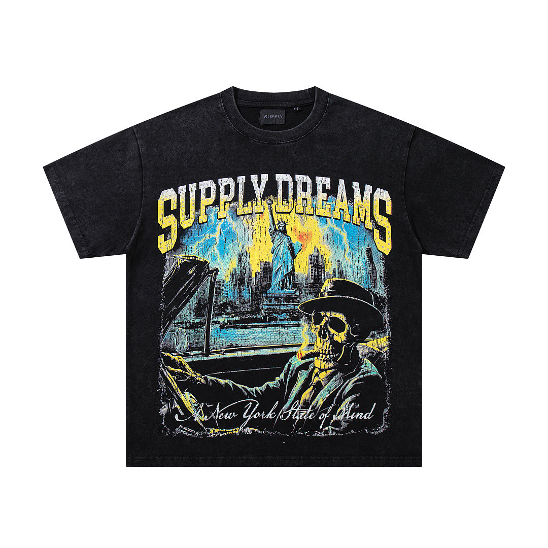 Supply Dreams Black‑Washed Double‑Sided Graphic Print Crew‑Neck Streetwear T‑Shirt