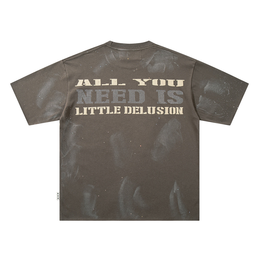 All You Need Is Little Delusion Taupe‑Washed Figure Art Double‑Sided Graphic Print Crew Neck Streetwear T‑Shirt