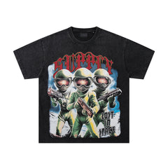 Soldier Troop Black Vintage‑Washed Double‑Sided Graphic Print Crew‑Neck Streetwear T‑Shirt