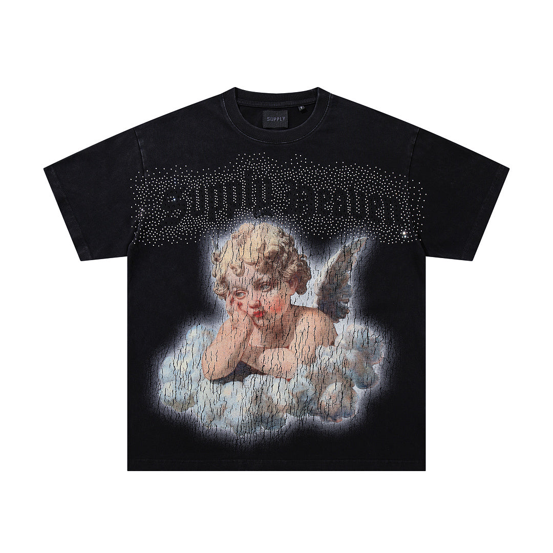 Vintage Cloud Cherub Black Vintage‑Washed Double‑Sided Graphic Print Crew‑Neck Streetwear T‑Shirt