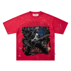 Red Washed Warrior Portrait Double‑Sided Graphic Print Crew Neck Streetwear T‑Shirt