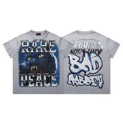 Rare Peace Bad‑Rabbit Grey‑Washed Double‑Sided Graphic Print Crew‑Neck Streetwear T‑Shirt