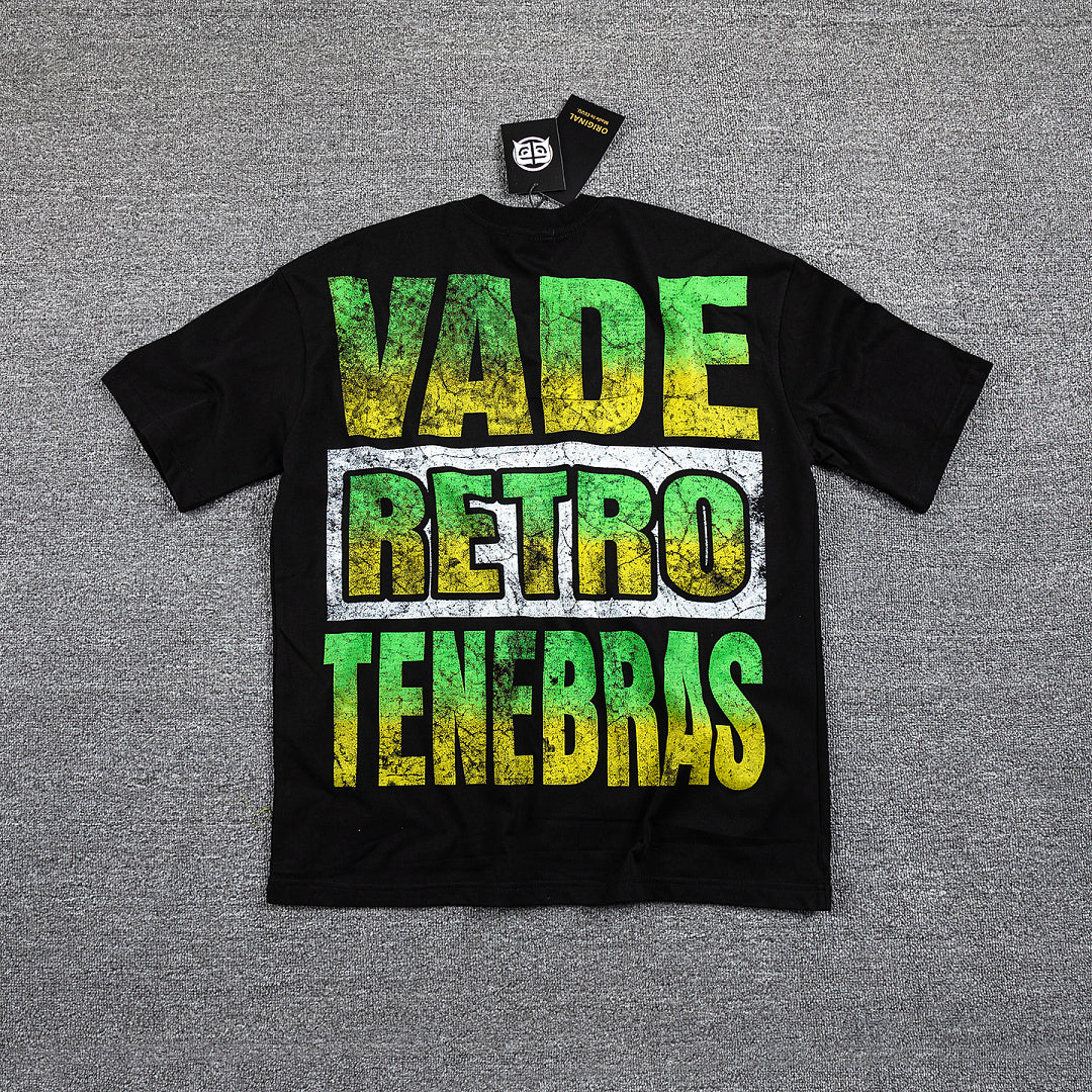 Glazagod Green‑Yellow "VADE RETRO TENEBRAS" Double‑Sided Graphic Print Crew Neck Streetwear T‑Shirt