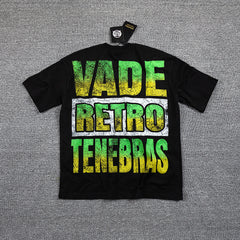 Glazagod Green‑Yellow "VADE RETRO TENEBRAS" Double‑Sided Graphic Print Crew Neck Streetwear T‑Shirt