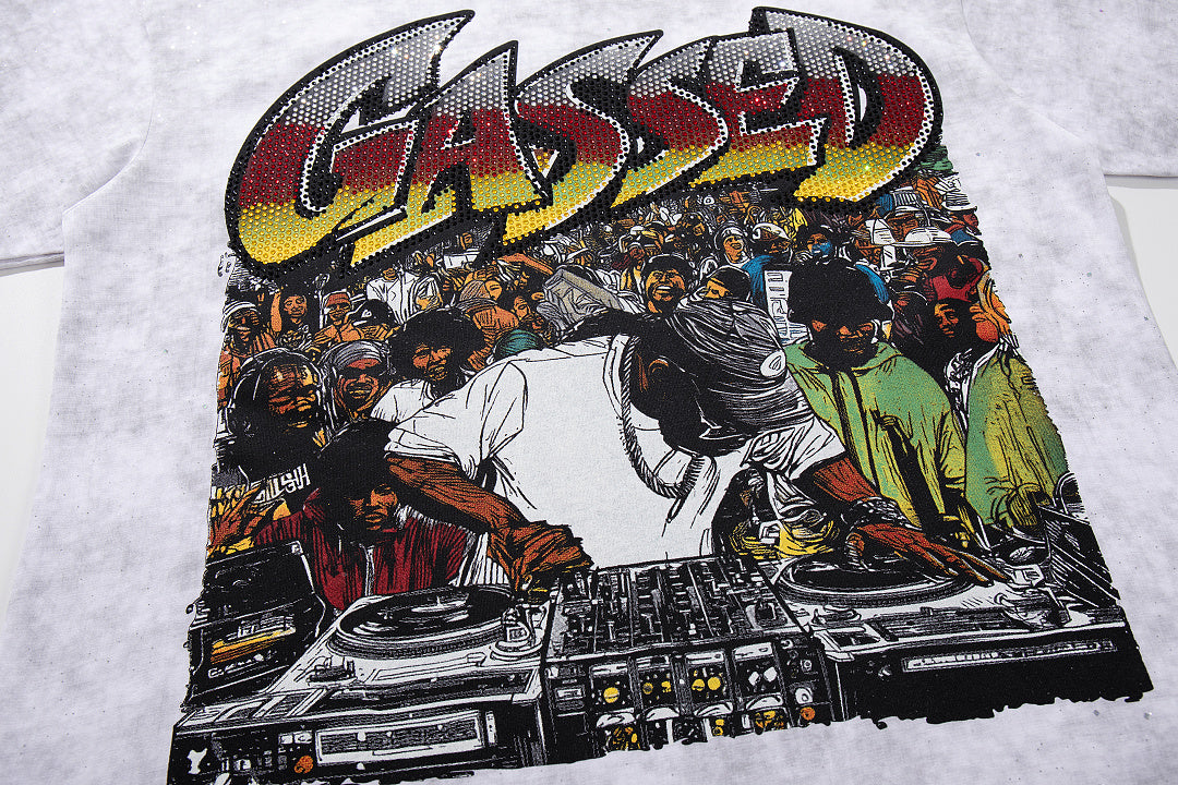 Gossed‑Up Star Scene Off‑White Washed Double‑Sided Graphic Print Crew‑Neck Streetwear T‑Shirt
