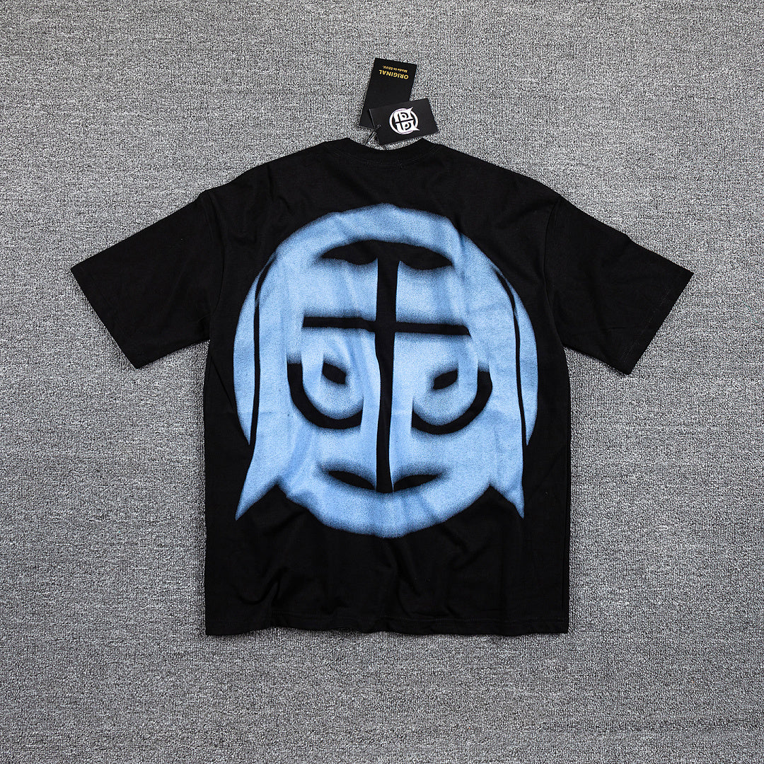 Glazagod Blue Abstract Demon Mask Double‑Sided Graphic Print Crew Neck Streetwear T‑Shirt