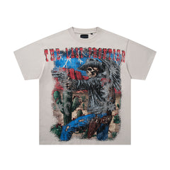 Nature Beast Off‑White Vintage‑Washed Double‑Sided Graphic Print Crew‑Neck Streetwear T‑Shirt