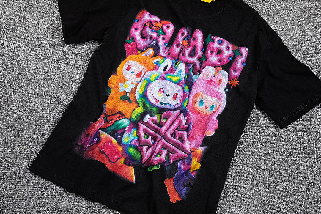 HVM Harmony Psychedelic Cartoon Character Black Double‑Sided Graphic Print Crew Neck Streetwear T‑Shirt