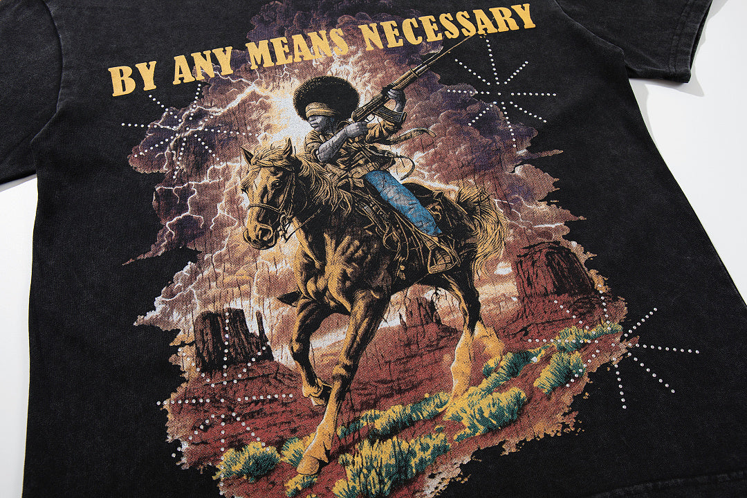 Vintage Cowboy Warrior Black Vintage‑Washed Double‑Sided Graphic Print Crew‑Neck Streetwear T‑Shirt