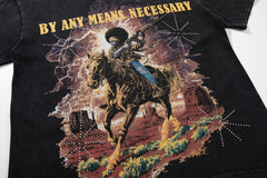 Vintage Cowboy Warrior Black Vintage‑Washed Double‑Sided Graphic Print Crew‑Neck Streetwear T‑Shirt