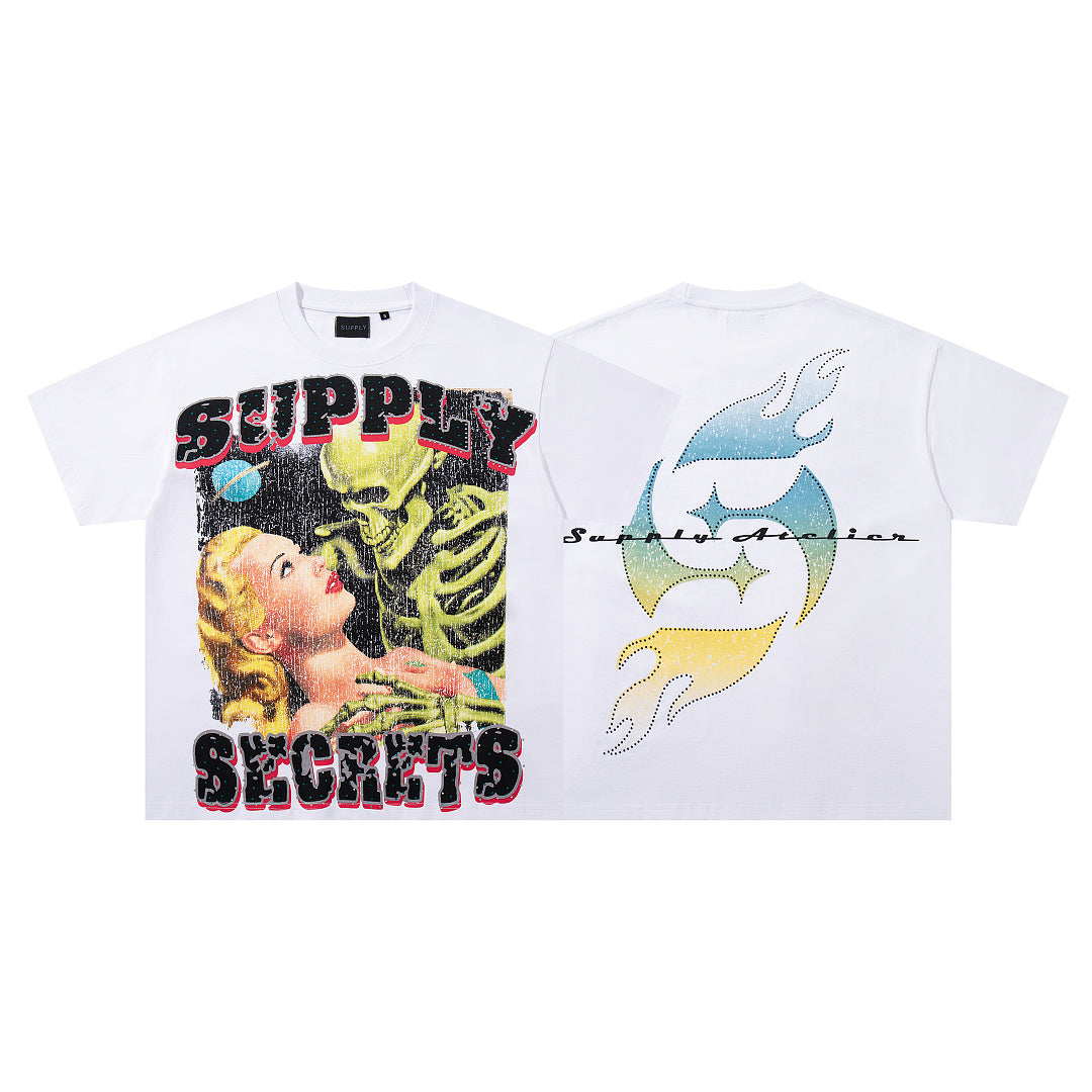 Supply Secrets White Vintage‑Washed Double‑Sided Graphic Print Crew‑Neck Streetwear T‑Shirt