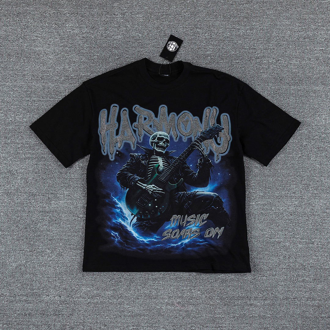 HVM Harmony Blue Thunder Figure Black Double‑Sided Graphic Print Crew Neck Streetwear T‑Shirt