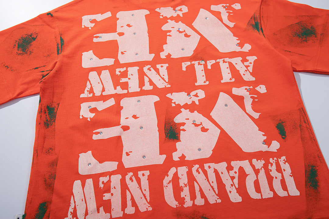 Orange Washed Figure Portrait Double‑Sided Graphic Print Crew Neck Streetwear T‑Shirt