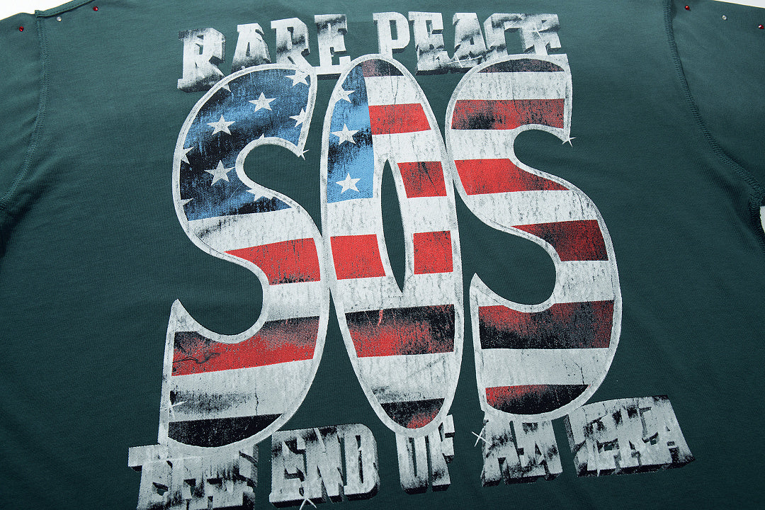 Save Our Souls Dark‑Green Washed Double‑Sided Graphic Print Crew‑Neck Streetwear T‑Shirt