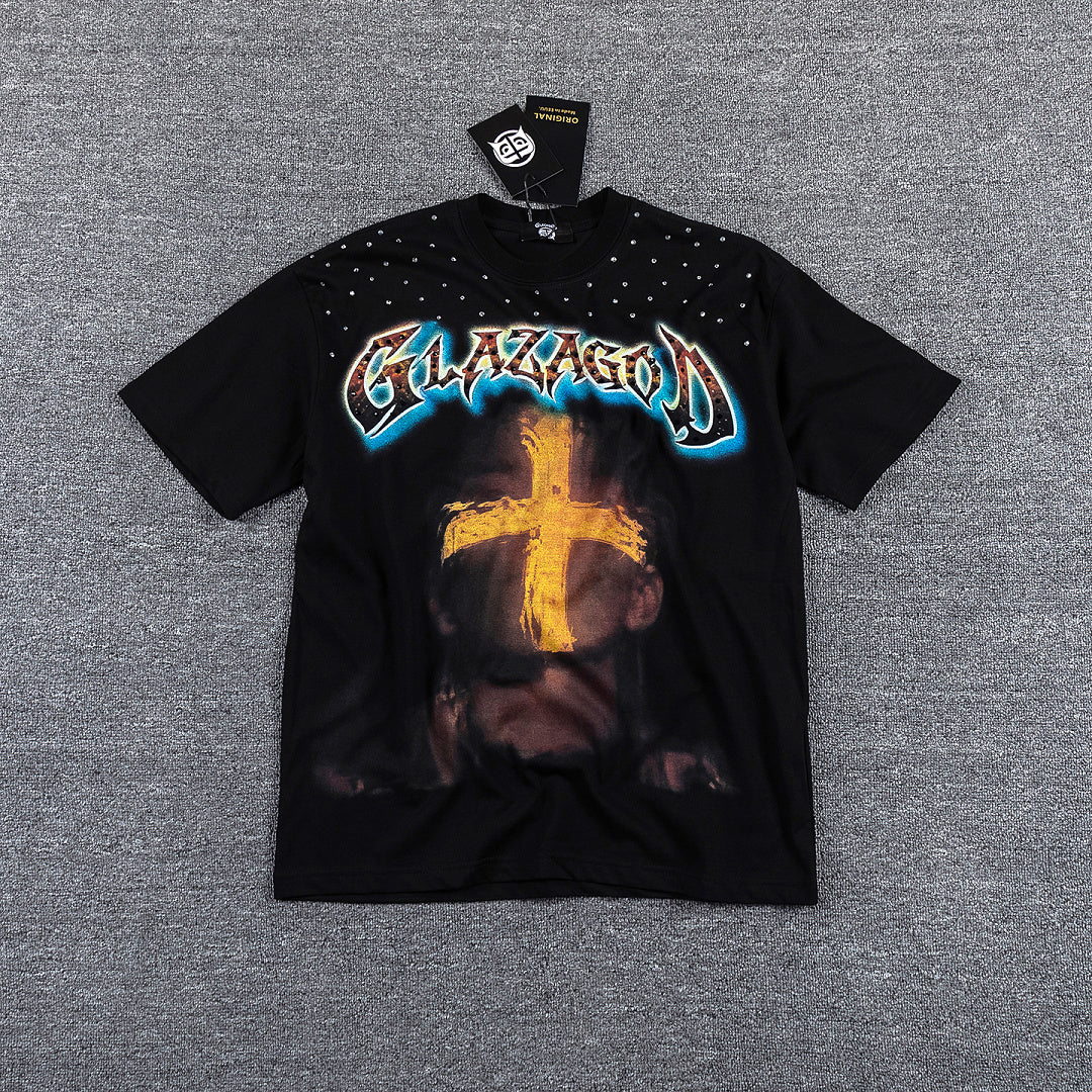 Glazagod Golden Cross Blessed In The Vision Double‑Sided Graphic Print Crew Neck Streetwear T‑Shirt