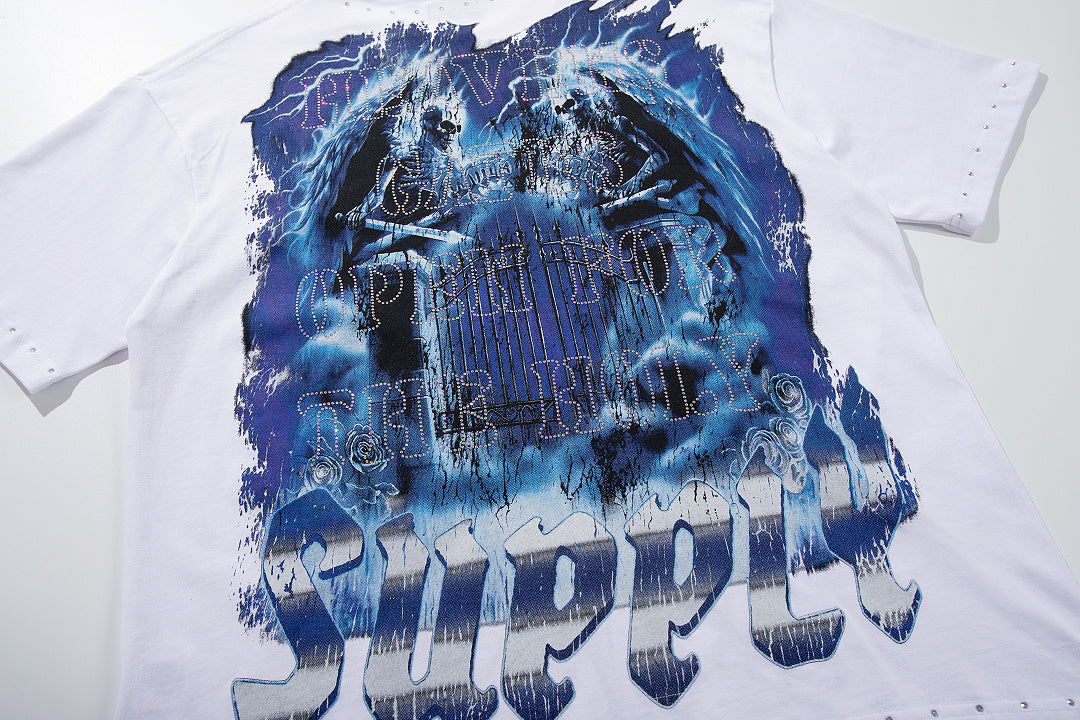 Melting Heart White Vintage‑Washed Double‑Sided Graphic Print Crew‑Neck Streetwear T‑Shirt