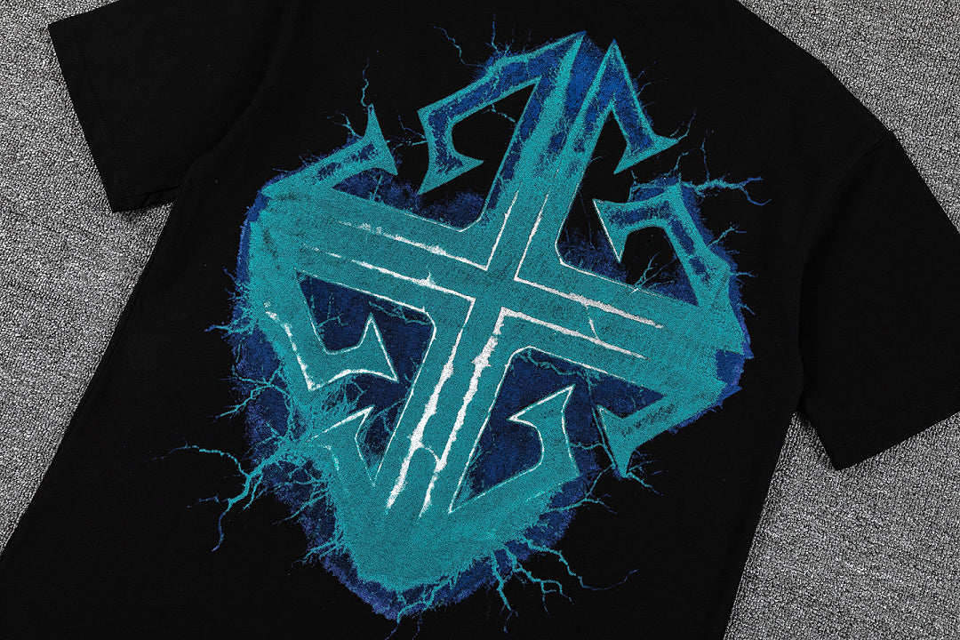 Cyan Lightning Cross Double‑Sided Graphic Print Crew Neck Streetwear T‑Shirt
