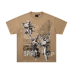 Spirit Angel Khaki Vintage‑Washed Double‑Sided Graphic Print Crew‑Neck Streetwear T‑Shirt