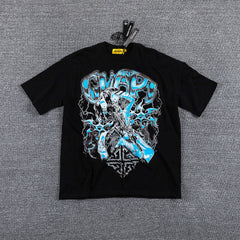 Blue Cyan Skull Demon Double‑Sided Graphic Print Crew Neck Streetwear T‑Shirt