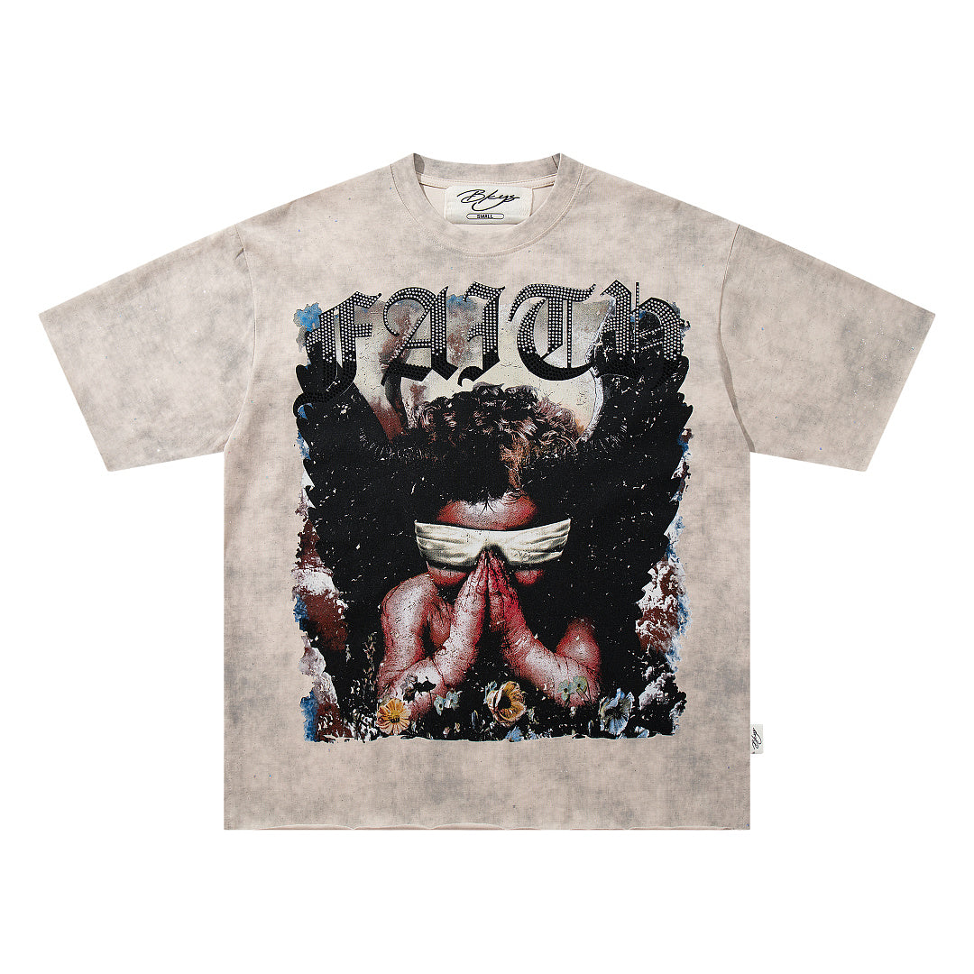 Angel Figure Dripping‑Letter Off‑White Washed Double‑Sided Graphic Print Crew‑Neck Streetwear T‑Shirt