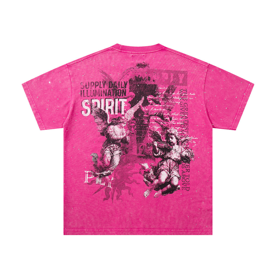 Spirit Angel Hot‑Pink Vintage‑Washed Double‑Sided Graphic Print Crew‑Neck Streetwear T‑Shirt