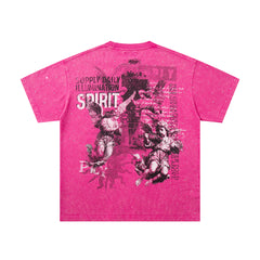 Spirit Angel Hot‑Pink Vintage‑Washed Double‑Sided Graphic Print Crew‑Neck Streetwear T‑Shirt